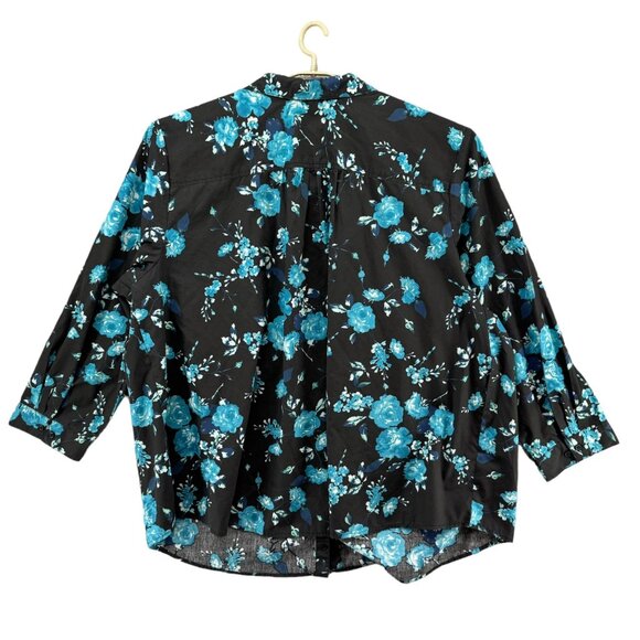 Roamans Floral Top Womens Black Blue Long Sleeve Button Down Shirt Size 40W - Picture 2 of 9